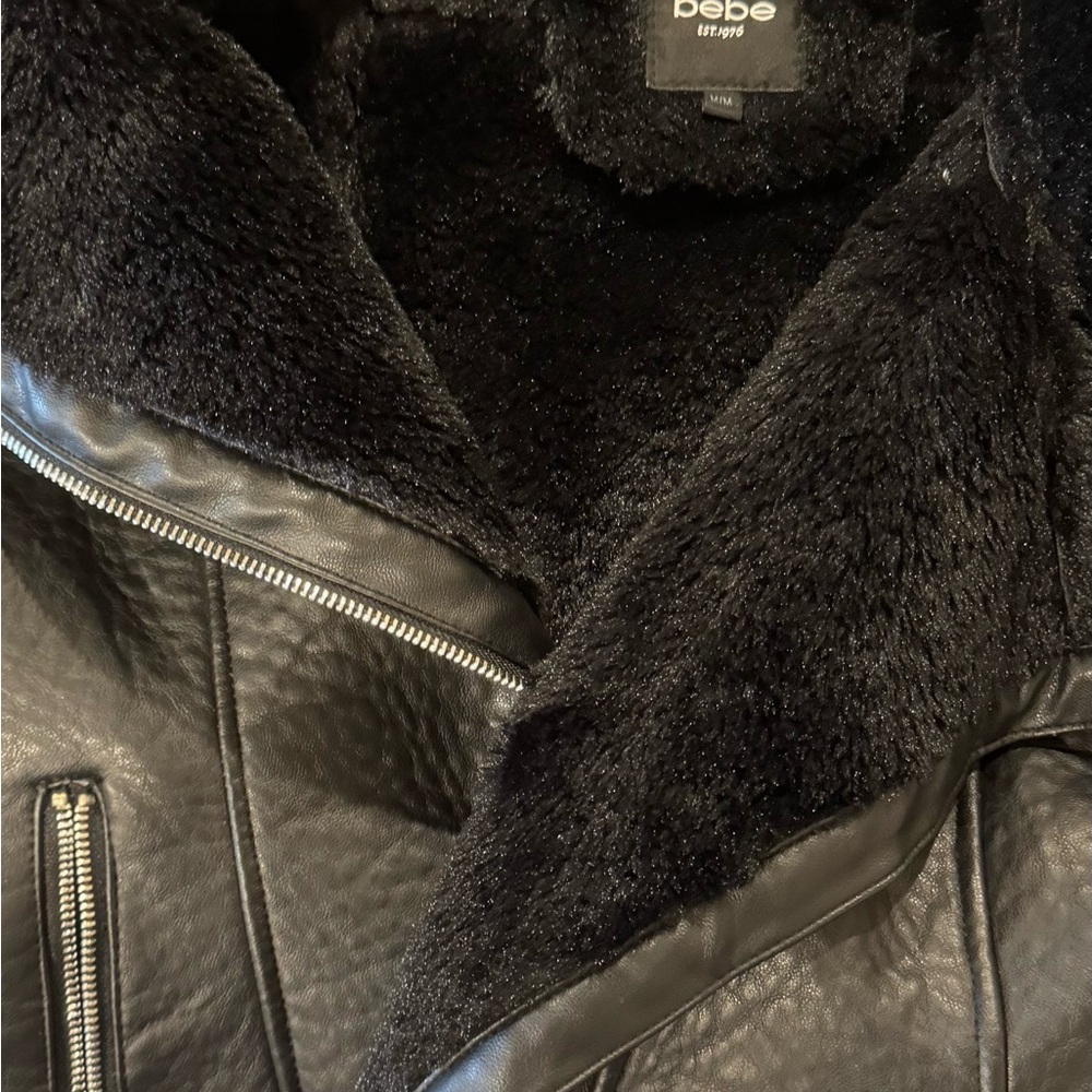 Bebe Black Leather Jacket with Plush Fur Collar